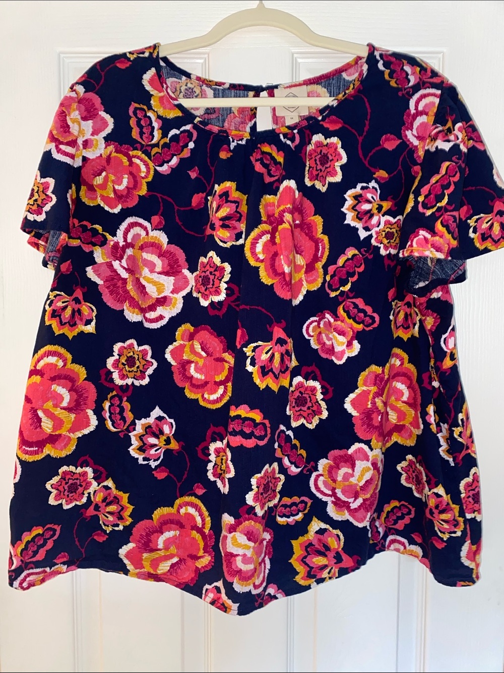 St. John's Bay Navy Floral Short Sleeve Top with Pink & Yellow Blooms
